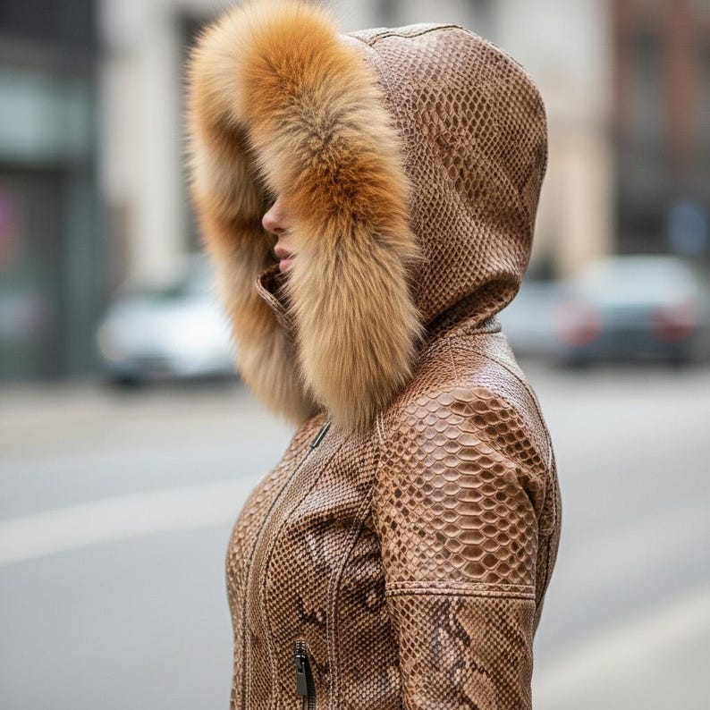 May include: Brown leather jacket with a snakeskin pattern and a fur-lined hood. The jacket has a zipper closure. The fur trim is a light brown colour. The jacket is worn by a person.