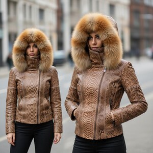 May include: Two brown leather jackets with a snakeskin pattern. Each jacket features a fur-lined hood and a high collar. The jackets are zipped up and have pockets. The models are wearing black trousers. The background is a city street.