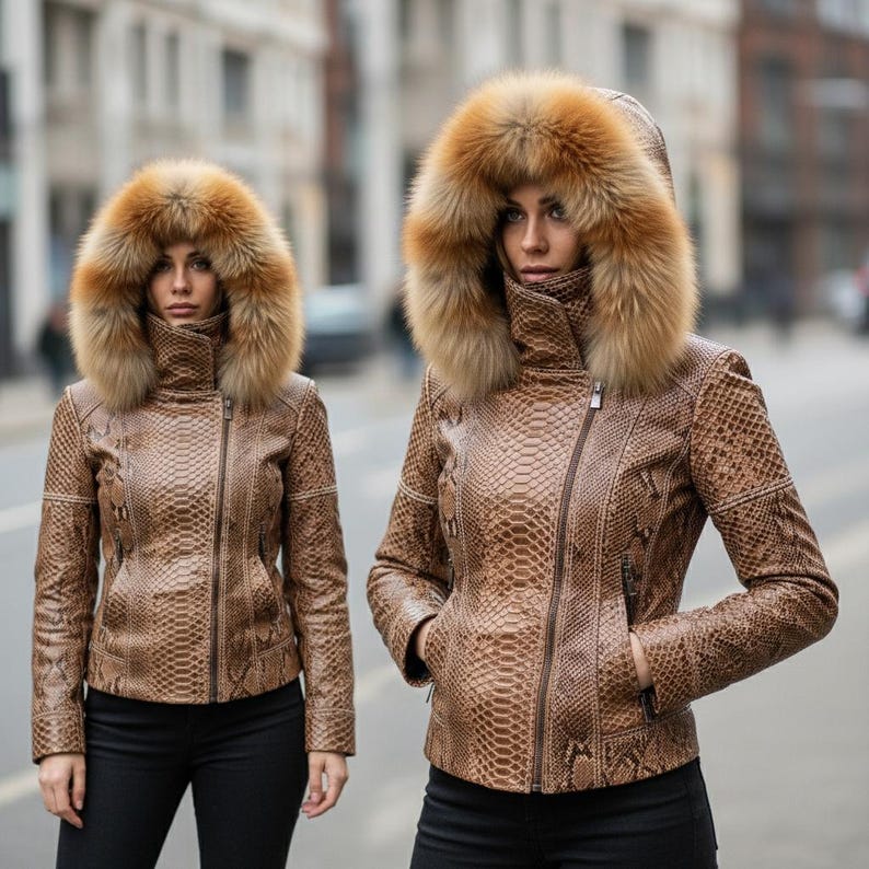 May include: Two brown leather jackets with a snakeskin pattern. Each jacket features a fur-lined hood and a high collar. The jackets are zipped up and have pockets. The models are wearing black trousers. The background is a city street.