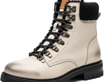Handmade Genuine Leather Winter Shoes Men, Beige Snow Ankle Boots Warm Boot Mens