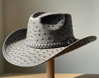 Ostrich Embossed Leather Cowboy Hat – Handmade Genuine Leather Western Ranch Hats Men and Women
