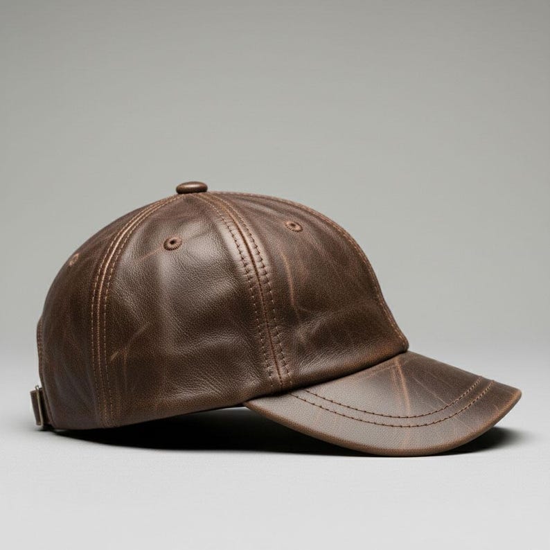 May include: A brown leather baseball cap with a curved brim. The cap has a classic six-panel design with a button on top and an adjustable strap at the back. The leather has a distressed look.