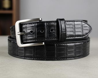 Cinto masculino em couro legítimo com textura de crocodilo – Cinto social feito à mão, cinto clássico vintage para uso casual.