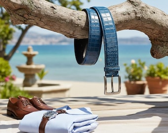 Handmade Blue Crocodile Embossed Leather Belt for Men, Genuine Leather Dress Belts Classic Buckle