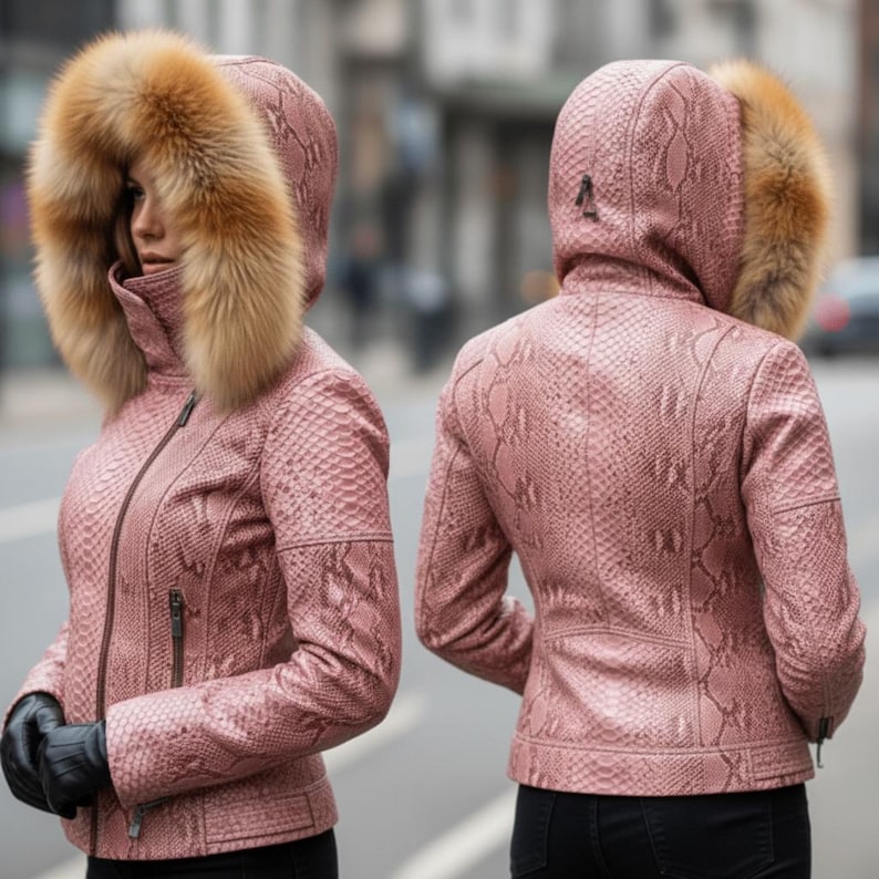 May include: A pink snakeskin-effect leather jacket with a fur-trimmed hood. The jacket features a zip closure and side pockets. The hood is lined with brown fur. The image shows the jacket from the front and back.