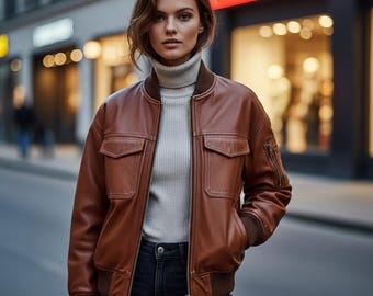 Women Genuine Leather Bomber Jacket, Aviator Vintage Style Casual Streetwear Leather Coat for Women's