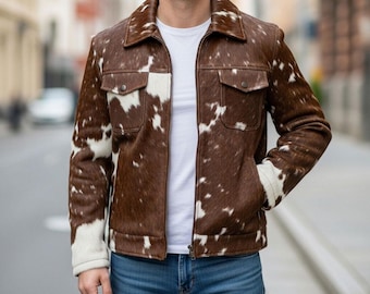 Giacca in pelle da uomo con pelo di vacchetta, autentico capospalla da cowboy western naturale da rodeo