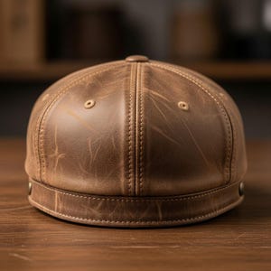 May include: A brown leather baseball cap with a rounded crown and a short, curved brim. The cap features visible stitching and small metal rivets. The leather has a distressed appearance, adding to its vintage style.