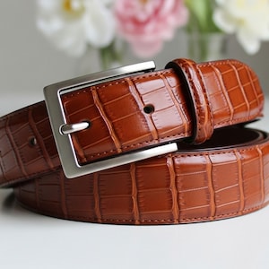 Statement Leather Chain Belt Brown Croc Embossed Silver Hardware Women\'s Medium Embossed Leather Croc Buckle Belt For Women | Factory main image 4