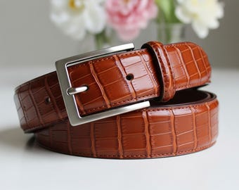 Men and Women Belts Handmade Brown Crocodile Leather Belt, Waist Size 30 to 44