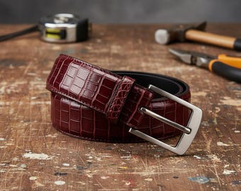 Leather Belt Burgundy Crocodile Embossed Unisex Dress & Casual Belts with Single Prong Buckle