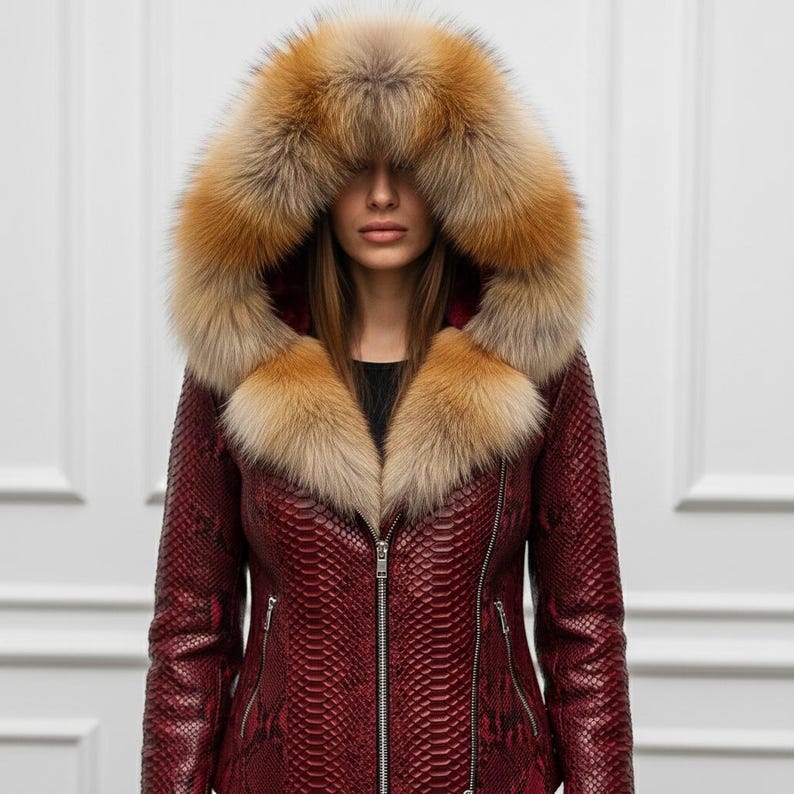 Puede incluir: Chaqueta de cuero burdeos con estampado de piel de serpiente, con una gran capucha ribeteada con piel marr&oacute;n y beige. La chaqueta tiene cierre de cremallera y bolsillos laterales, ofreciendo una opci&oacute;n de abrigo elegante y c&aacute;lida.