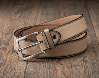 Luxebro Men's Leather Belt – Handmade Beige Classic Casual, Formal, Office, Dress Belt for Men
