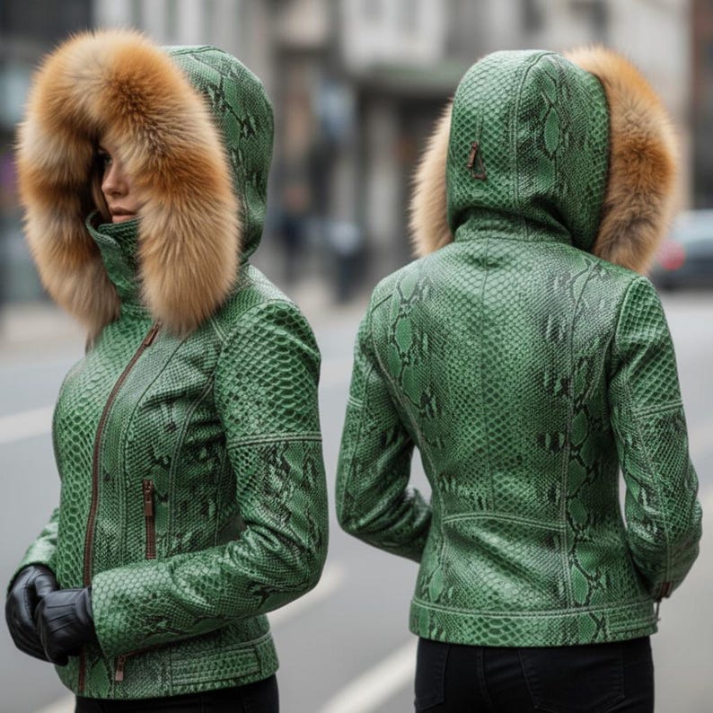 May include: A green snakeskin-effect jacket with a fur-trimmed hood. The jacket has a zip fastening and is worn with black gloves. The hood features a brown fur trim. The jacket is shown from the front and back.