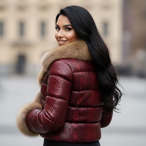 K&ouml;nnte beinhalten: Burgunderfarbene Pufferjacke mit Schlangenmuster und einem Kragen und Manschetten aus beigem Fell. Die Jacke wird von einer Person mit langen schwarzen Haaren getragen.