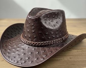 Ostrich Embossed Leather Cowboy Hat – Handmade Genuine Leather Western Ranch Hats Men and Women
