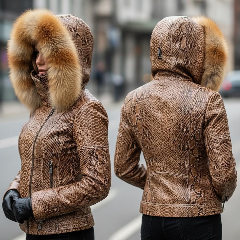 May include: Brown snakeskin-patterned leather jacket with a fur-lined hood. The jacket has a zip closure and is worn with black gloves. The hood has a light brown fur trim. The jacket is shown from the front and back.