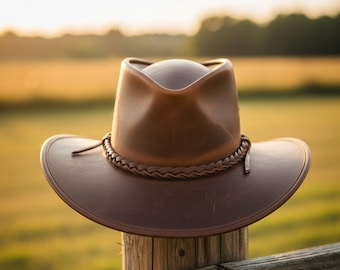 Handmade Genuine Leather Cowboy Hat for Men & Women, Western Outback Ranch, Rodeo, Outdoor Hats