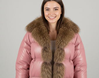 Women’s Luxury Pink Leather Puffer Jacket with Real Fur Collar
