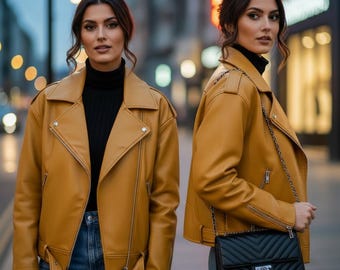 Women's Mustard Leather Biker Jacket, Moto Zip Up Streetwear Coat