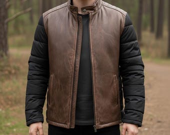 Men's Distressed Leather Puffer Jacket Brown & Black Winter Coat