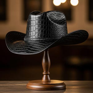 May include: A black cowboy hat with a textured, crocodile-like pattern. The hat is displayed on a wooden hat stand. The hat has a wide brim and a braided band around the crown. The hat is made of a shiny material.
