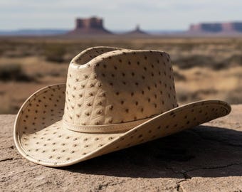 May include: A beige cowboy hat with a textured finish, set on a stone surface. The hat features a curved brim and a band around the crown. The background shows a desert landscape with mesas.