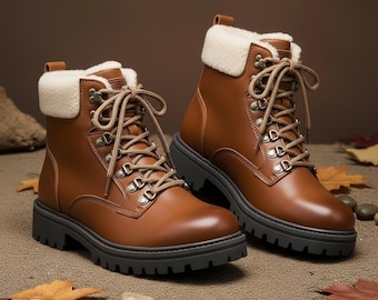 Handmade Stylish Brown Leather Winter Boots Men—Warm Shearling-Lined Lace-Up Ankle Boots