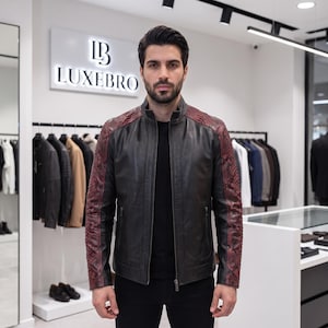 Snake Print Leather Jacket Real Cowhide Biker Jacket Men Python Embossed Motorcycle Jackets Mens