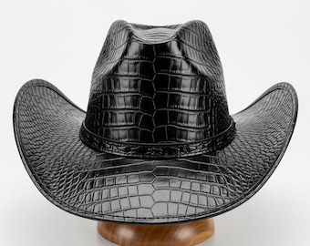 Handmade Cowboy Hat Black Crocodile Embossed Leather Western Rodeo Hat for Men, Women