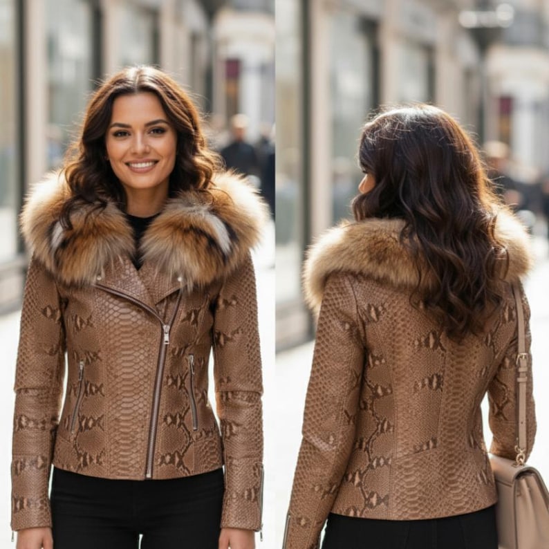 以下が含まれることがあります： ヘビ革模様の茶色のレザージャケットと毛皮の襟。 ジャケットはジッパー開閉で、袖に複数のジッパーが付いています。 モデルは黒いパンツを着用しています。