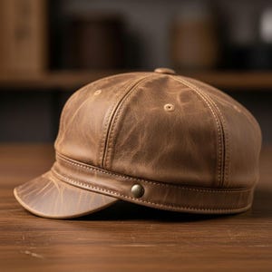 May include: A brown leather newsboy cap with a short brim and a button detail. The cap has a distressed finish and visible stitching. The hat is sitting on a wooden surface.