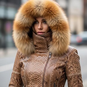 May include: A brown leather jacket with a snakeskin pattern and a large fur-lined hood. The jacket features a high collar and a zip closure. The hood's fur is a blend of brown and orange hues.