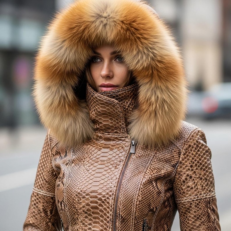 May include: A brown leather jacket with a snakeskin pattern and a large fur-lined hood. The jacket features a high collar and a zip closure. The hood's fur is a blend of brown and orange hues.