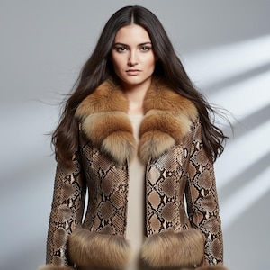 Könnte beinhalten: Eine braun-beige Jacke mit Schlangenmuster, verziert mit einem Pelzkragen und -besatz. Die Jacke hat eine taillierte Passform und wird über einem neutralfarbenen Oberteil getragen. Der Pelz ist in einem warmen, rötlich-braunen Farbton gehalten.