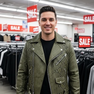 May include: A person wearing an olive green snakeskin-patterned leather jacket with a black shirt. The jacket has a classic biker style with a zipper closure and multiple pockets. The background shows clothing racks and red "SALE" signs.