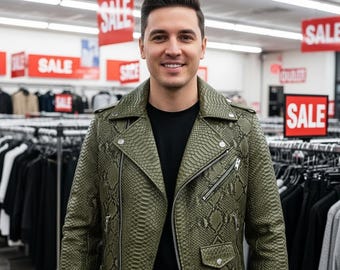 Python Embossed Leather Biker Jacket for Men– Handmade Luxury Green Snakeskin Moto Jackets