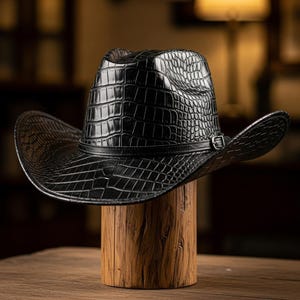May include: A black cowboy hat with a textured, crocodile-like pattern. The hat features a wide brim and a leather band with a silver buckle. It is displayed on a wooden stand, showcasing its shape and design.