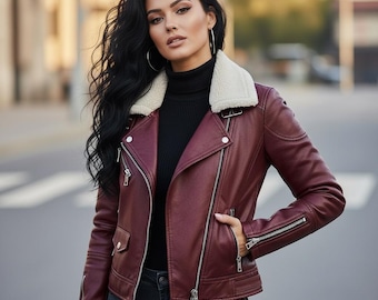 Burgundy Genuine Leather Biker Jacket for Women – Shearling Collar Moto Jackets for Women's
