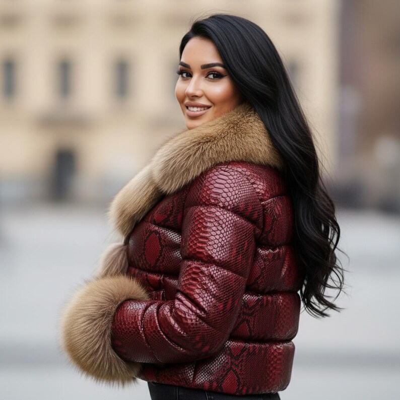 K&ouml;nnte beinhalten: Eine bordeauxfarbene Pufferjacke mit Schlangenmuster und einem Kragen und Manschetten aus beigem Fell. Die Jacke ist kurz geschnitten, und der Pelzbesatz verleiht einen luxuri&ouml;sen Touch. Der Hintergrund ist unscharf, was auf eine Umgebung im Freien hindeutet.