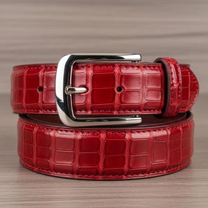 Red Crocodile Embossed Leather Belt for Men & Women, Silver Buckle Statement Faison Dress Belts