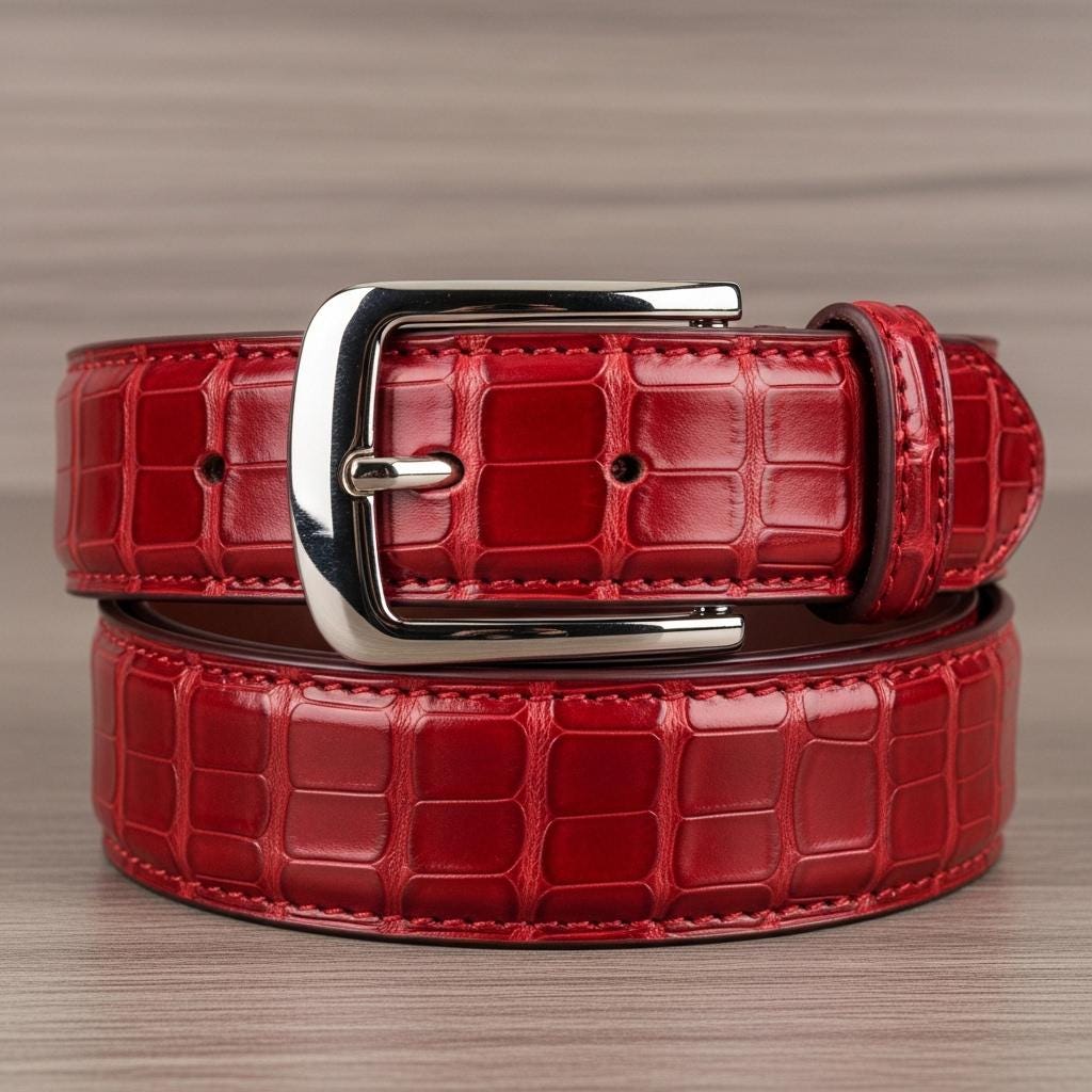 Red Croc-Embossed Leather Belt with Silver Buckle Ann Taylor Loft Red Croc Embossed Leather Belt With Silver  main image 2