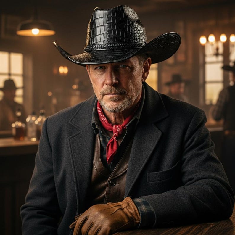 May include: A man wearing a black cowboy hat with a textured pattern, a black coat, a red bandana, and brown leather gloves. The background shows a dimly lit bar setting with bottles and other people.