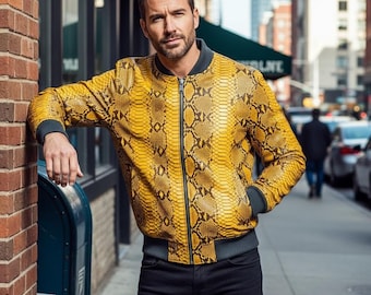 Men’s Yellow Snakeskin Print Bomber Jacket – Python Pattern Fashion Outerwear Jackets – Streetwear Statement Coat