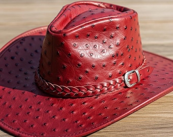 Ostrich Embossed Leather Cowboy Hat – Handmade Genuine Leather Western Ranch Hats Men and Women