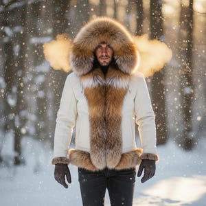 May include: A white winter jacket with a large fur-lined hood and trim. The jacket has brown and tan fur accents. The person is wearing dark gloves and standing in a snowy forest. The jacket's fur trim is a striking feature.