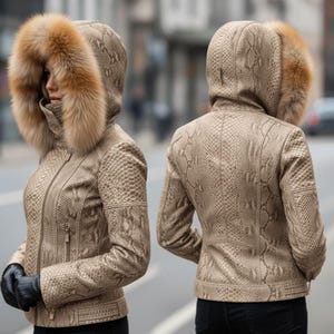 May include: A tan snakeskin-patterned jacket with a fur-lined hood. The jacket has a zip closure, side pockets, and a fitted shape. The hood features a fluffy, light brown fur trim. The jacket is shown from the front and back.
