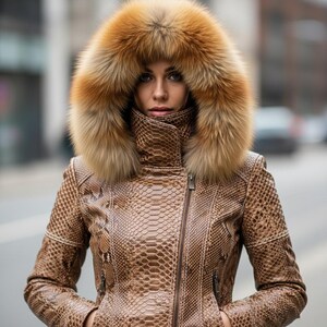 May include: A brown snakeskin-patterned leather jacket with a large fur-trimmed hood. The jacket features a zip closure and a high collar. The fur is a blend of brown and tan hues. A fashionable outerwear garment.
