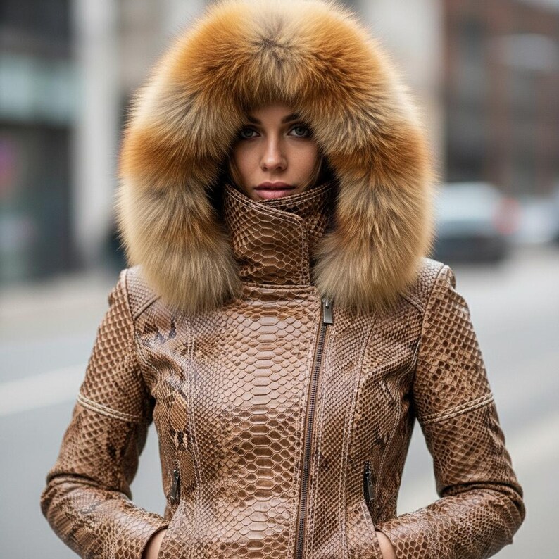 May include: A brown snakeskin-patterned leather jacket with a large fur-trimmed hood. The jacket features a zip closure and a high collar. The fur is a blend of brown and tan hues. A fashionable outerwear garment.