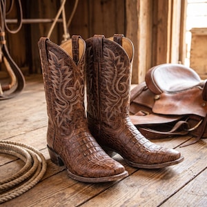 Op de afbeelding: Een paar bruine cowboylaarzen met een gestructureerd, schubachtig patroon op de voet en de schacht. De laarzen hebben een puntige neus, een hak en ingewikkelde decoratieve stiksels in lichtbruine draad langs het bovenste gedeelte van de schacht.